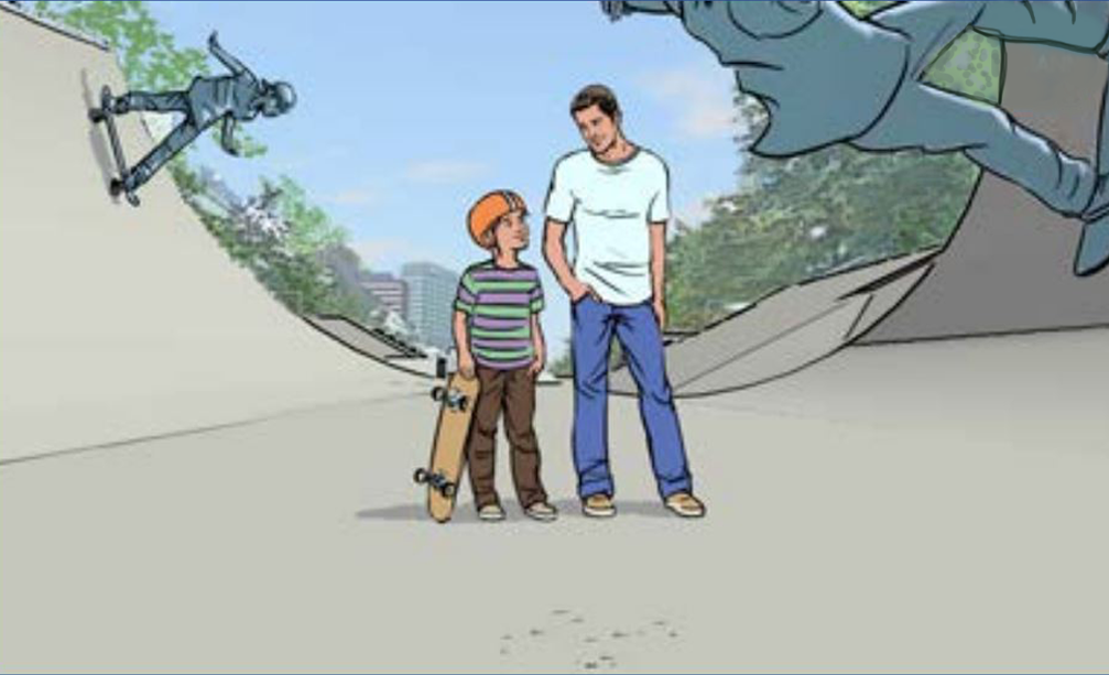 BLYNK Videoagentur TVC Hartmann Cosmopor Storyboard Mann Junge Stehen in Halfpipe