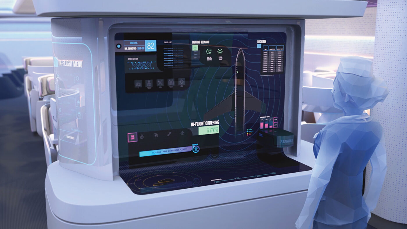 BLYNK Videoagentue Airbus_Concept Cabin 2030 Monitor im Flugzeug